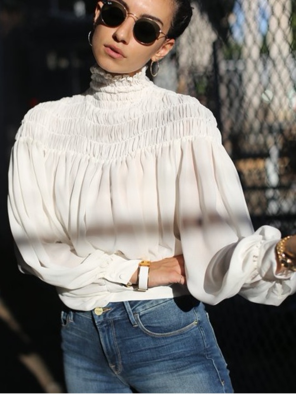 Frame Denim Smocked High-Neck Long Sleeve White Blouse